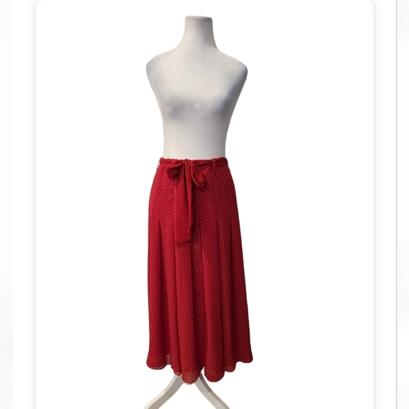 Red Polka Dot Midi Chiffon Skirt with Buttons at Front - Picture 2 of 5